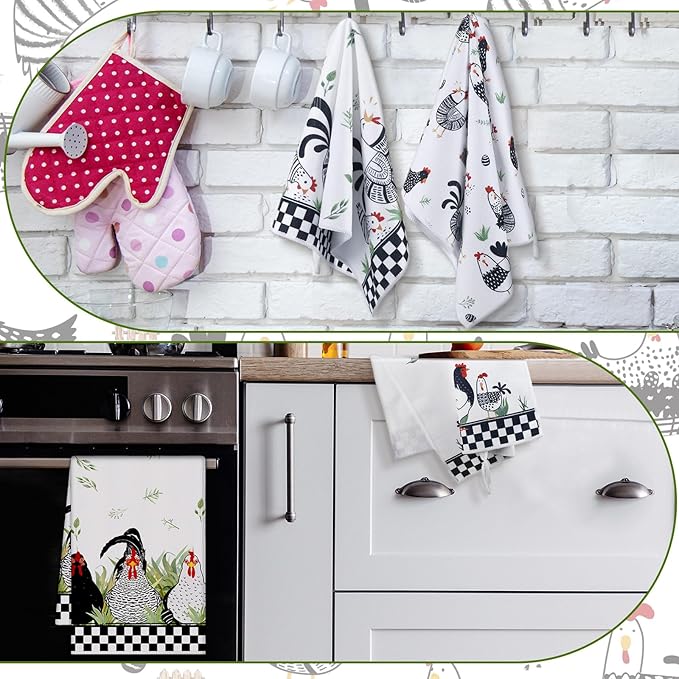 Geyoga 4 Pcs Chicken Kitchen Towels Rooster Dish Hand Towels Farm Animal Cow Vintage Rustic Tea Cloth for Spring Easter Bathroom Farmhouse Decor Gifts, 16 x 24 Inch(Mixed Color,Farmhouse)