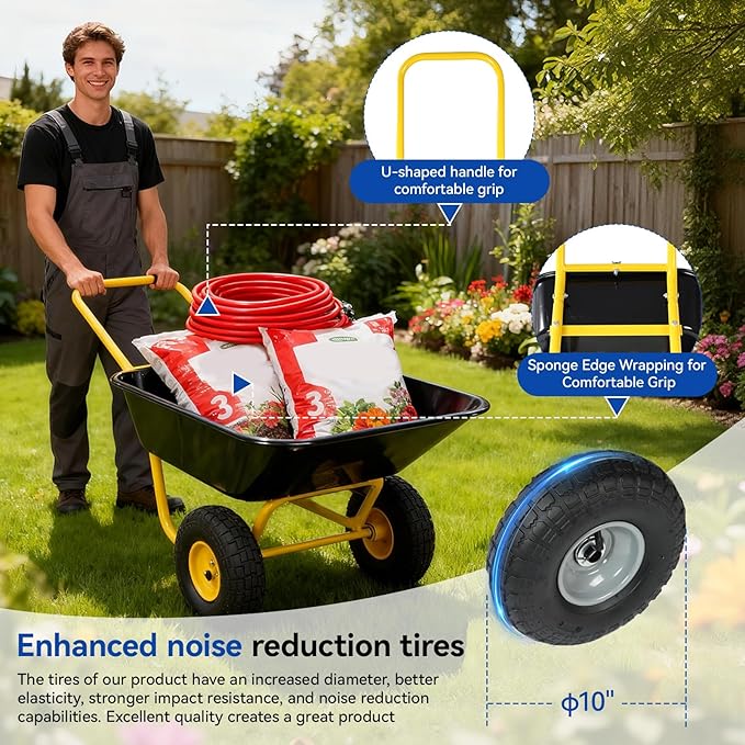Dual Wheel Garden Wheelbarrow,Heavy Duty Yard Cart with 10“/15" Pneumatic Tires, Rustproof Poly Tray & Steel Handle, 300 lbs Capacity Utility Cart for Lawn, Farm, and Landscaping (Yellow+Black-10“)