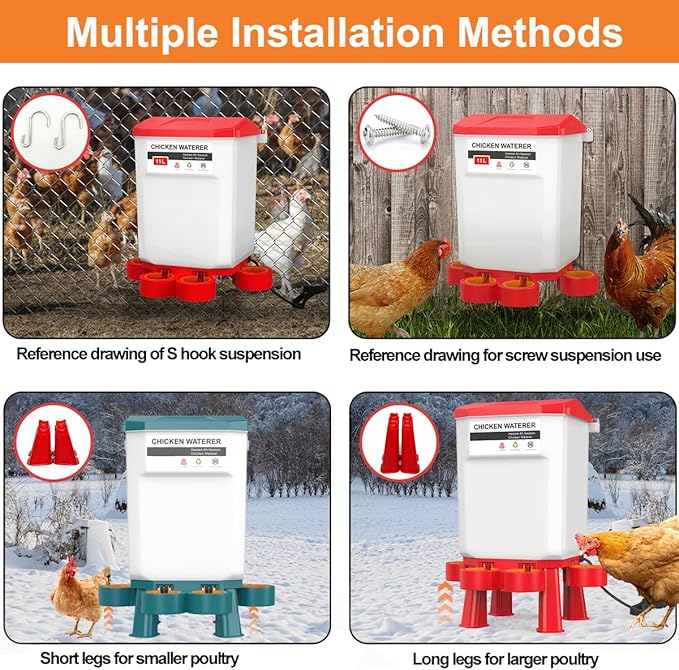 Hanging Heated Chicken Waterer, 3 Gallon Plastic Chicken Water Heater Heated Poultry Drinker, Detachable Legs, Winter and Summer Dual-use, Poultry Water Heater for Chicken Goose Duck - Red