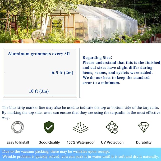 UCINNOVATE 12Mil Clear Tarp 6x10FT - Heavy Duty Waterproof Greenhouse Cover, 12x12 Reinforced Weave Tear Resistant for Roof, Garden, Chicken Coop, Outdoor, Emergency Use