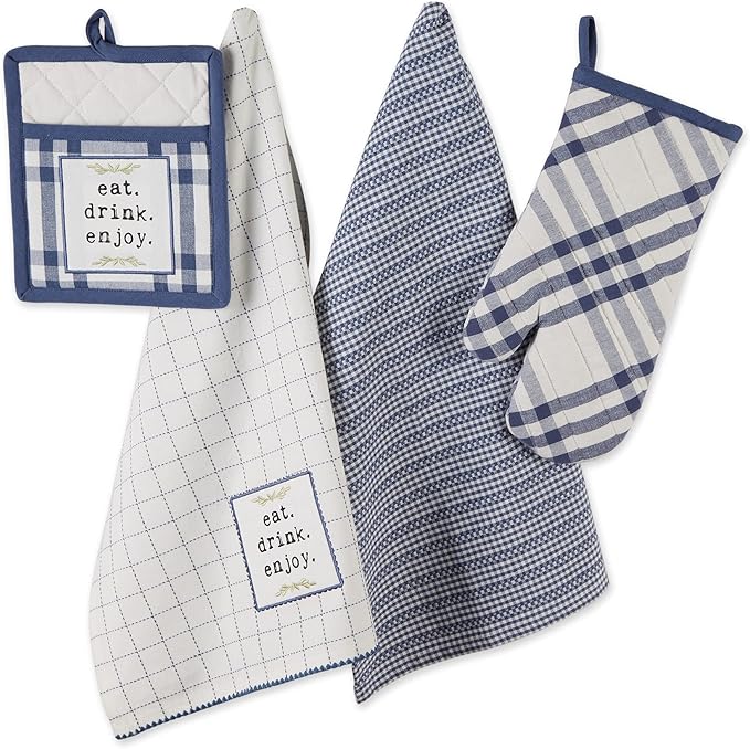 DII Home Sweet Farmhouse Kitchen Collection, Potholder/Oven Mitt/Dishtowel Set, French Blue, 4 Count