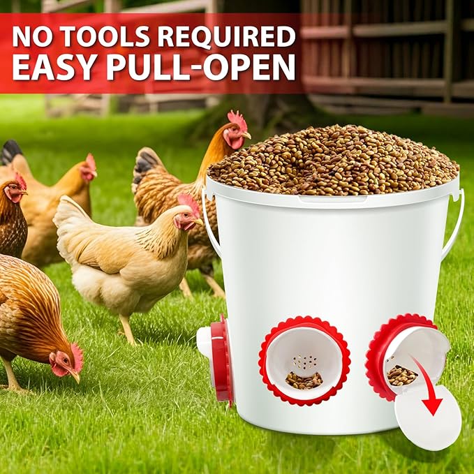 Chicken Feeder No Waste, DIY Automatic Poultry Feeder Ports with Hole Saw & Gloves, Durable Rain Proof Poultry Feeder Port for Buckets, Barrels, Bins and Troughs
