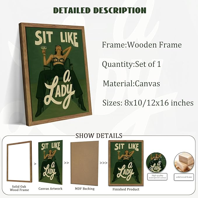Framed Feminist Wall Art, Vintage Sit Like a Lady Green Wall Decor, Bold Girl Power Feminine Poster Print, Retro Empowering Female Canvas Painting Aesthetic for Bedroom Dorm 8x10 inch