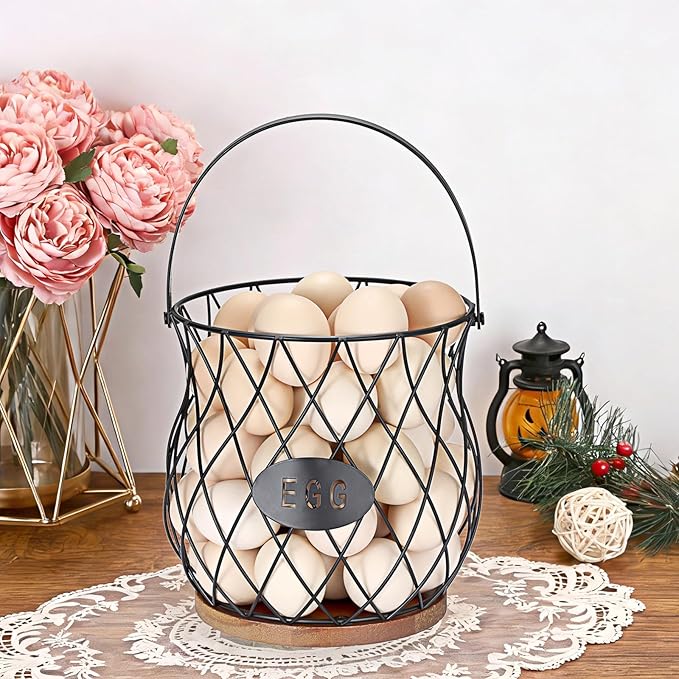 Chicken Egg Basket With Handle, Egg Baskets for Gathering Fresh Eggs, Wire Basket with Wooden Base for Farmhouse Coops, Round Chicken Baskets, Rustic Vintage Kitchen Decor Holder(Style 3)