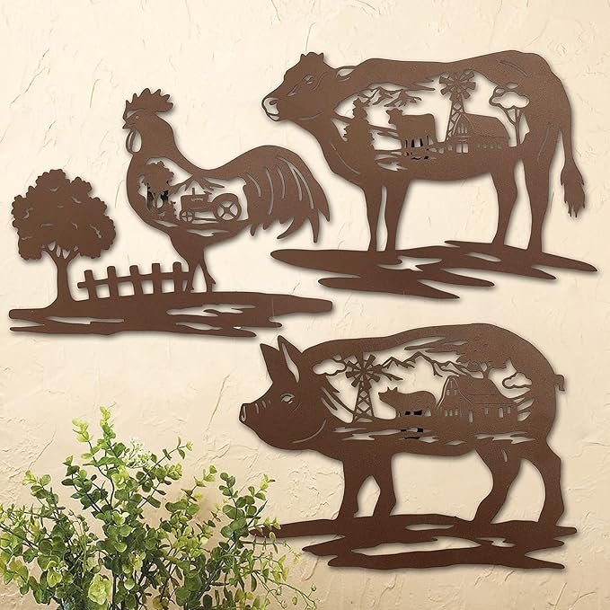 J-Fly Farm Wall Decor Farmhouse Metal Wall Art Pig Cow Rooster, 9 Inch set of 3, House Decorations for Living Room Bedroom Valentine, Rustic Farm Animal Windmill Décor for Indoor Outdoor Lodge