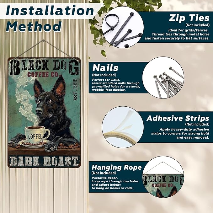Vintage Black German Shepherd Dog Metal Sign Black German Shepherd Dog Coffee Novelty Metal Poster Home Cafe Kitchen & Bar Bathroom Aluminium Sign Art Wall Decor 12x8 Inch