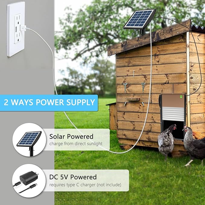 Automatic Chicken Coop Door APP Controlled, Solar Powered Chicken Coop Door Opener with Programmable Timer, 10M Remote, Light Sensor, USB Rechargeable, Anti-Pinch, Auto Chicken Doors