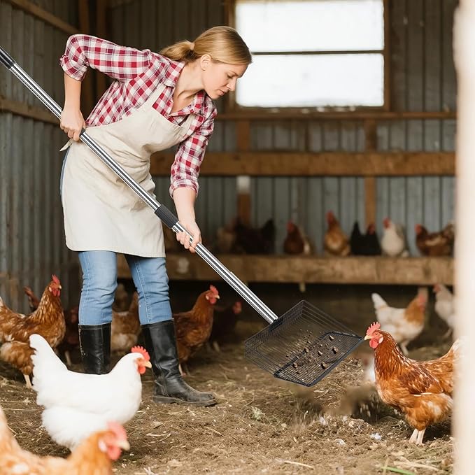 Chicken Poop Scooper 10 Inch Large Metal Coop Scoop 35" to 62" Long 4 in 1 Multifunctional Heavy Duty Chicken Coop Scoop Sifting Shovel for Sand Chicken Coop Accessories