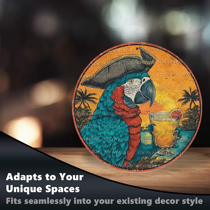 Vintage Parrot Round Metal Sign Retro Beach Tin Sign Nostalgic Rustic Wall Decor Kitchen Bar Man cave Living Room Bedroom Garage Bathroom 8 * 8 In