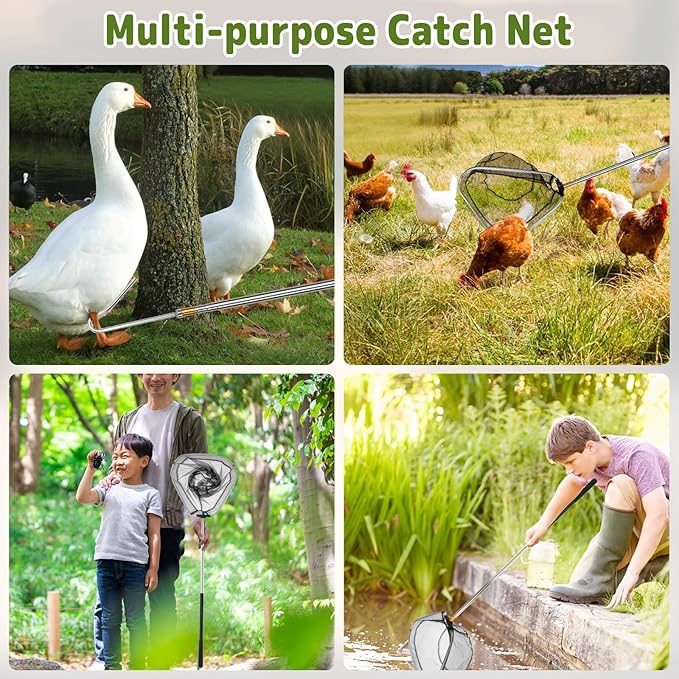 Adjustable Chicken Catching Net with Leg Hook – Stainless Steel Poultry Net, Fishnet,Suitable for Catching Outdoor Animals Such as Chickens, Ducks, Fishnet,Geese,Birds (2 Nets, 2 Pole Included)