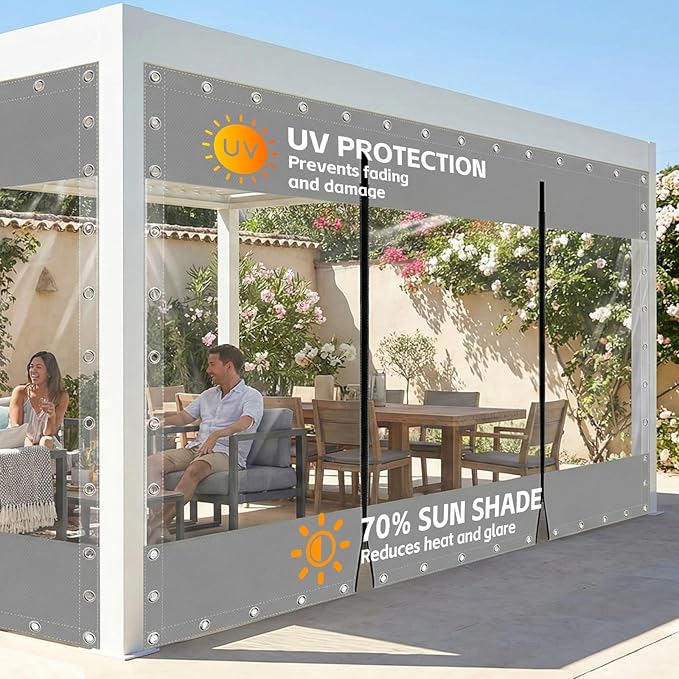 15'W X 8'H Outdoor Vinyl Curtains for Patio with Zippers, 21.16oz Clear PVC Screen Panels, Heavy Duty Porch Enclosure with Grommets for Outside Porch Balcony Pergola Gazebos