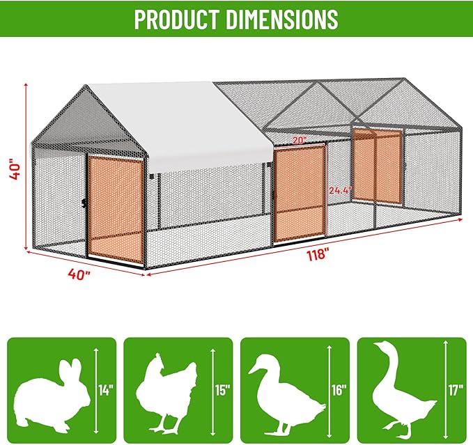 Metal Chicken Coop 118"×40"×40" Chicken Run with Waterproof Cover Portable Poultry Cage Walk in Hen House Outdoor Backyard Farm Animal Enclosure Crate Pet Playpen Exercise Pen for Rabbit Duck