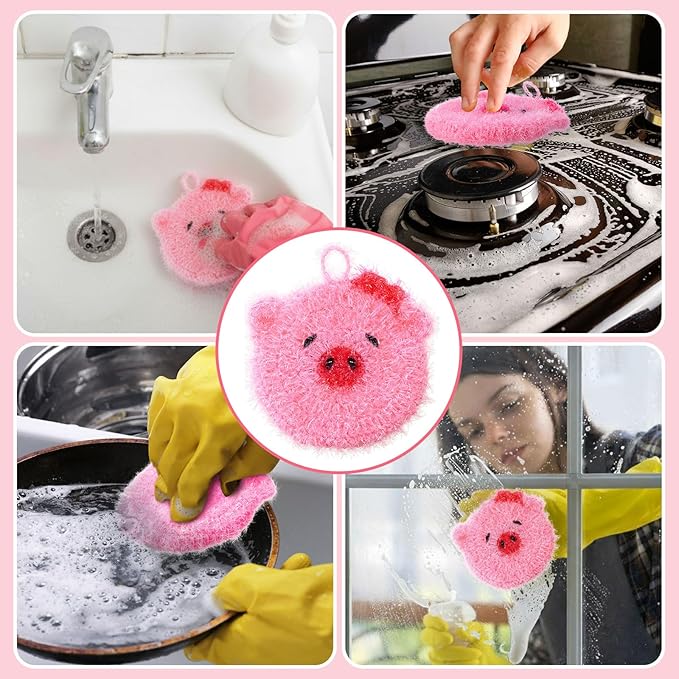 6 Piecs Cute Pig Shape Dish Sponge Dual Sided Non Scratch Pig Dish Washing Scrubbers, Reusable Household Cleaning Kitchen Tools for Dishwashing Washing Dishes Cookware
