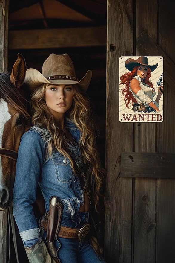Rustic Cowgirl Metal Tin Sign Wall Art Retro Western Decor Wanted Pin Up Girl Sign 12x8 Inch