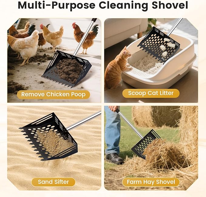 2-in-1 Chicken Poop Scooper & Rake, 38 to 66" Adjustable Stainless Steel Chicken Coop Scoop for Sand Chicken Litter Scoop with Handle Litter Sifting Shovel for Chicken Coops & Pet Waste