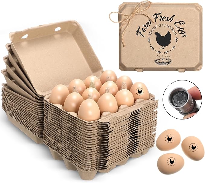 24 Pack Half Dozen Easter Egg Cartons Bulk 6 Count Empty Eggs Cartons Natural Paper Pulp Eggs Carton with Chicken Egg Stamper and Ropes for Kitchen Farm Market, Sturdy Reusable