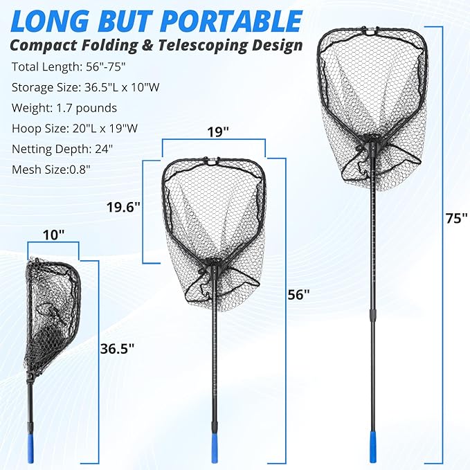 Large Telescoping Fishing Net, Folding Landing Net with Long Handle, Rubber Netting, Lightweight, Length 56″-75″, Hoop Size 20″ x 19″, Depth 20″, 25 lbs. Capacity