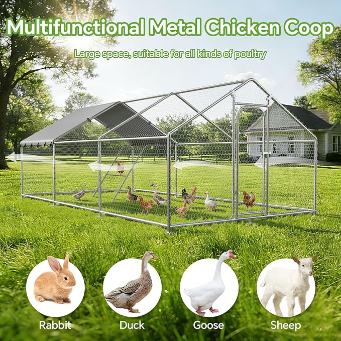 Large Metal Chicken Coop with Waterproof and UV-Resistant Cover,Chicken Run Outdoor Walk-in Cage Rabbit Duck Hen House for Yard Farm Use Spire Roof(10' L x 14.8' W x 6.4' H)