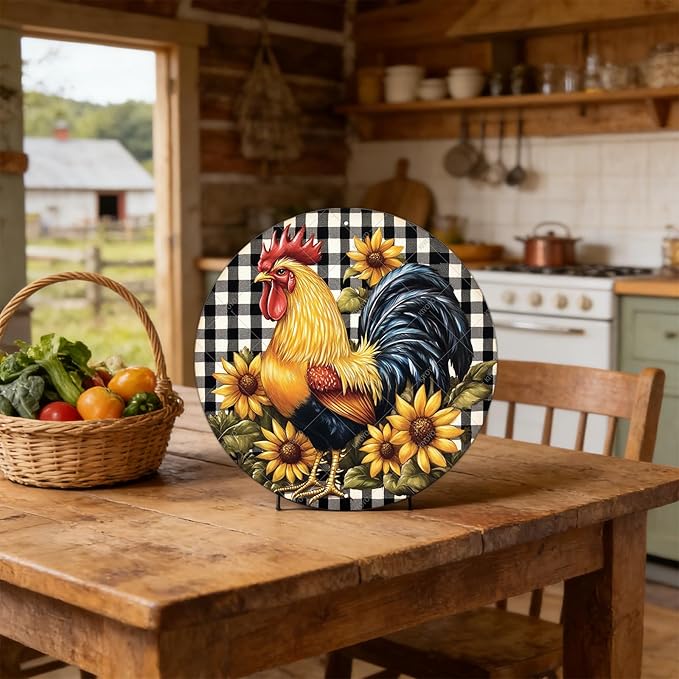 Round Chicken Sign Metal Tin Sign Rustic Plaque Rooster Chicken Farm Wall Art Suitable for Home Garden Kitchen Bar Cafe Restaurant Garage Wall Decor Retro Vintage 12 Inch