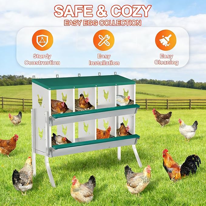 Chicken Nesting Box 8 Compartment with Legs10 Pet Moisture Pads and 4 Fake Eggs Roll Away Egg Collection, Perch, Lid Cover for Egg Protection - Wall Mount Nest Box for Chickens, Hens, Ducks