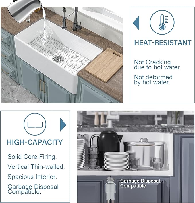 White Farmhouse Sink 33 x 18 Inch, Large Firecaly Apron Front Undermount Farm Sink Heavy Duty Single Bowl, with Custom Accessories 2 Types, Pure White, for Kitchen