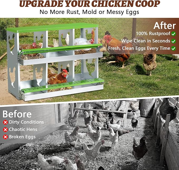 Chicken Nesting Box,Heavy Duty Metal Nest Boxes,6 Hole Roll Away Nesting Boxes,with Large Vented Holes,Wall-Mountable Chicken Coop Nesting Boxes,for Chickens,Ducks,Large Egg Boxes (Green 6 Hole)
