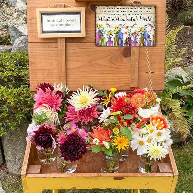 What A Wonderful World Tin Sign Metal Garden Signs For Outside Vintage Flower Market Wall Art Kitchen Metal Tin Sign Flowers I See Trees Of Green Red Roses Too Sign Flower Sign Wall Decor 8x12 Inch