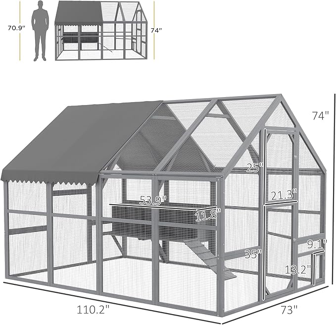PawHut Large Chicken Run, Wooden Chicken Coop with Waterproof & Anti-UV Cover, Split Door, 4 Nesting Boxes, Roosting Bar, Walk-in Chicken Pen for 8-12 Chickens, for Backyard, Farm, 9' x 6' x 6'