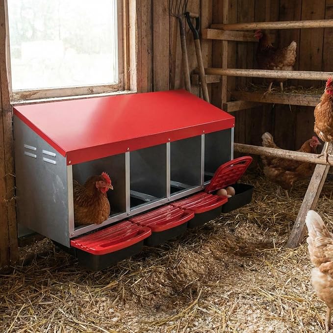 Metal Chicken Nesting Box with Easy-Collect Tray & Lid – 3/4/2x2 Compartment Heavy Duty Roll Away Nesting Boxes for Chickens, Wall Mount or Freestanding, Galvanized Steel Hen Laying Box for Coop