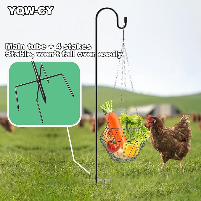 Hanging Chicken Feeder, Foldable Chicken Vegetable Fruits Feeder with 35.5lnch Shepherds Hook, Poultry Feeding Holder Basket with Hanging Chain for Chicken Coop Accessory