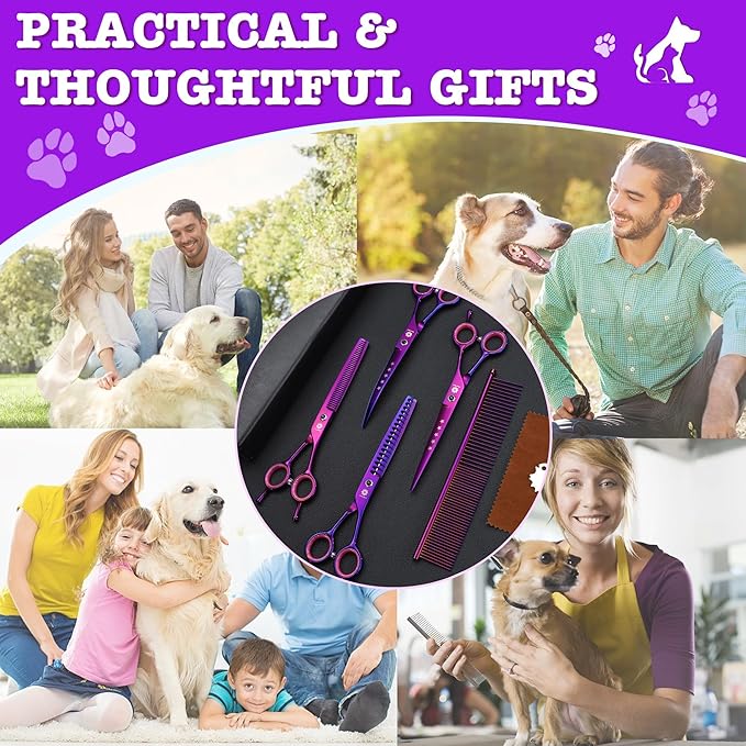 Dream Reach Dog Grooming Scissors - 7" Professional 6 in 1 Pet Scissors Sharp and Durable Shears Set Thinning, Chunker, Straight, Curved Shears and Comb for Dog Cat Pets, Purple