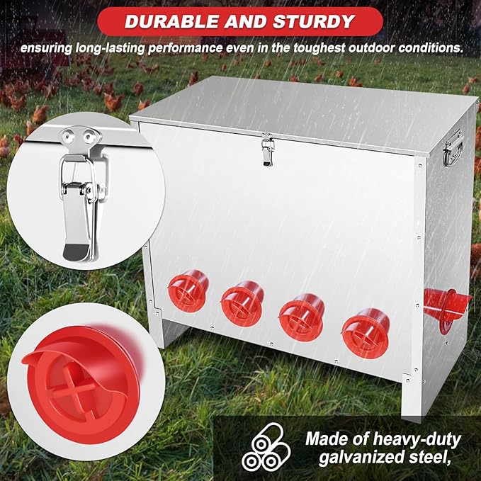 Metal Chicken Feeder 85 lbs Capacity, Galvanized Chicken Feeder with 10 Ports, Waterproof Automatic Poultry Feeder Suitable for Geese, Ducks, Turkeys, Quails