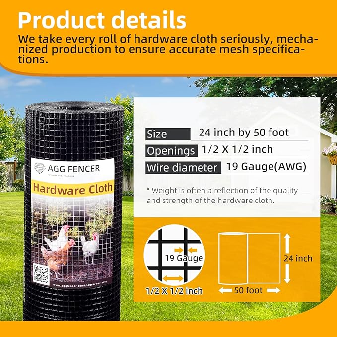 24in x 50ft Black Hardware Cloth 1/2 inch 19Ga PVC Coated Wire Mesh Vinyl Coated Fence, Welded Metal Chicken Wire Fencing Roll, Garden Plant Fencing, for Chicken Coop and Home Improvement