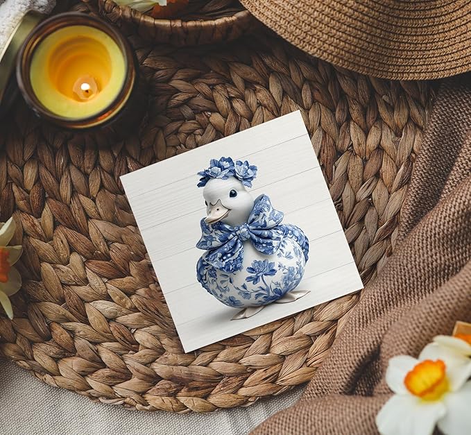Blue And White Chinoiserie Grand Millenial Duck Decor Signs,Bow Blue Duck Floral Home Signs,Chinoiserie Porcelain Desk Decorations,Farmhouse Animal Office Kitchen Bathroom Decor