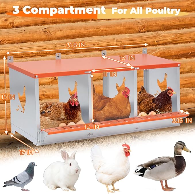 Chicken Nesting Box, 3 Compartment Metal Nesting Boxes for Chickens, Wall Mountable Chicken Laying Boxes, Easy Egg Collection, with Nesting Pads, Indoor & Outdoor Use, 31.8" L x 17" W x 15" H