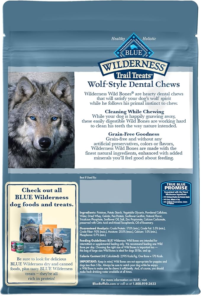 Blue Buffalo Wilderness Wild Bones Grain-Free Dental Chews Dog Treats, Large, 27-oz Bag, (Pack of 2)