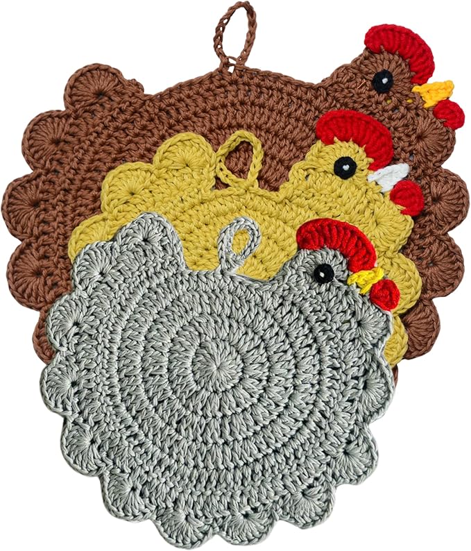 Handmade Crochet Chicken Trivets Set of 3, Chicken-Gifts, Valentine Gifts, Pot Holders, Heat Resistant Farmhouse Kitchen Home Decor, Cooking, Baking, Cute Desk Accessories, Tabletop Protection
