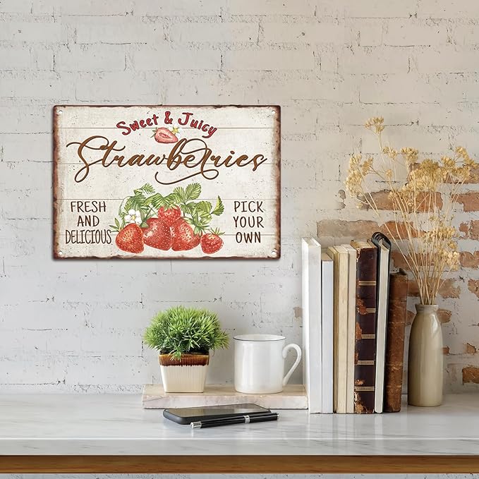 Sanwarm Metal Sign 8X12 Inch, Strawberry Leaves Flower Vintage Tin Sign Wall Art Decor for Home, Living Room, Kitchen, Garden, Bedroom, Office, Hotel, Cafe And Pub Decoration