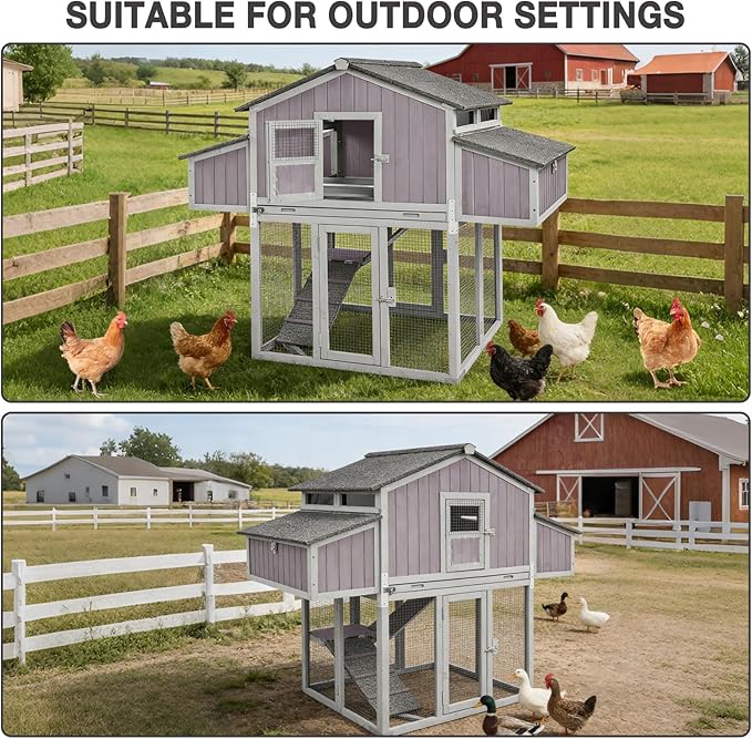 Large Chicken Coop for 6-8 Chickens, Double Folding Wooden Chicken House with 2 Nesting Boxes, Reinforced Iron Frame, Pull-Out Tray & Waterproof Roof, Outdoor Poultry Cage