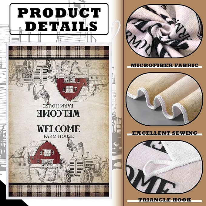 Bencailor 6 Pcs Farmhouse Kitchen Towels Chicken Rooster Kitchen Decor Farm Animal Hand Towels for Cooking Baking Housewarming Gift,15.75 x 23.62 inch(Retro Gray,Barn Farm)