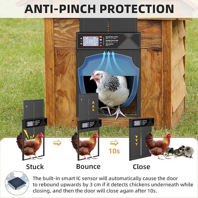 Automatic Chicken Coop Door, 4 Modes LCD Display Chicken Coop Door Solar Powered with Timer & Light Sensor, Aluminum Alloy Automatic Chicken Door with Anti-Pinch, IPX4 Waterproof