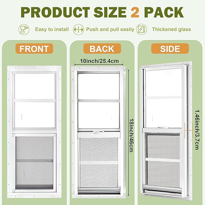 2 Pack Shed Windows, 10"x 18" White Sliding Window Suitable for Chicken Coop, shed, Household, Barn - Transom Window with Tempered Glass and Fiberglass Screen(WH,10''x 18'')