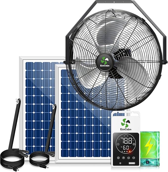 Solar Fan Wall Mount Waterproof, Metal Solar Powered Fan with Battery & Adjustable Thermostat, 18" Heavy Duty Outdoor Fans for Patios 3 Speeds, 180° Tilt