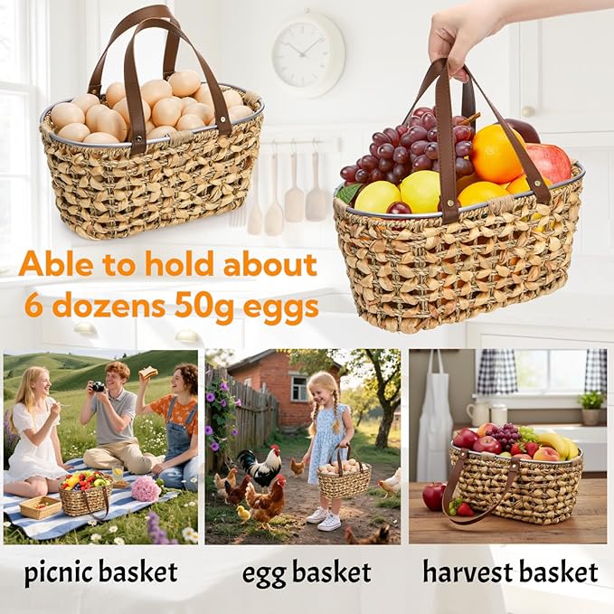 Goaste Egg Collecting Basket with Handle, 13 Inch Chicken Egg Storage Baskets, Handwoven Eggs Container for Gathering Fresh Eggs, Vintage Countertop Fruit Holder for Harvest, Kitchen, Living Room