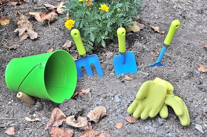G & F Products JustForKids Garden Tool Set - Green Metal Pail with Real Mini Shovel, Rake & Cultivator, Wooden Handles, Perfect for Outdoor Play, Gardening Fun, and Educational Activities for Kids
