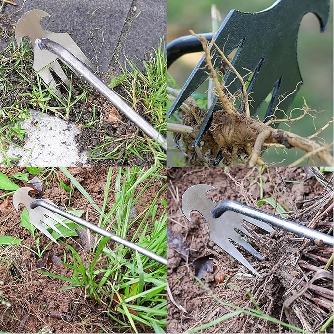 Manual Weed Puller Tool, 4-Claw Steel Head, Wooden Handle, Hand Garden Weeder