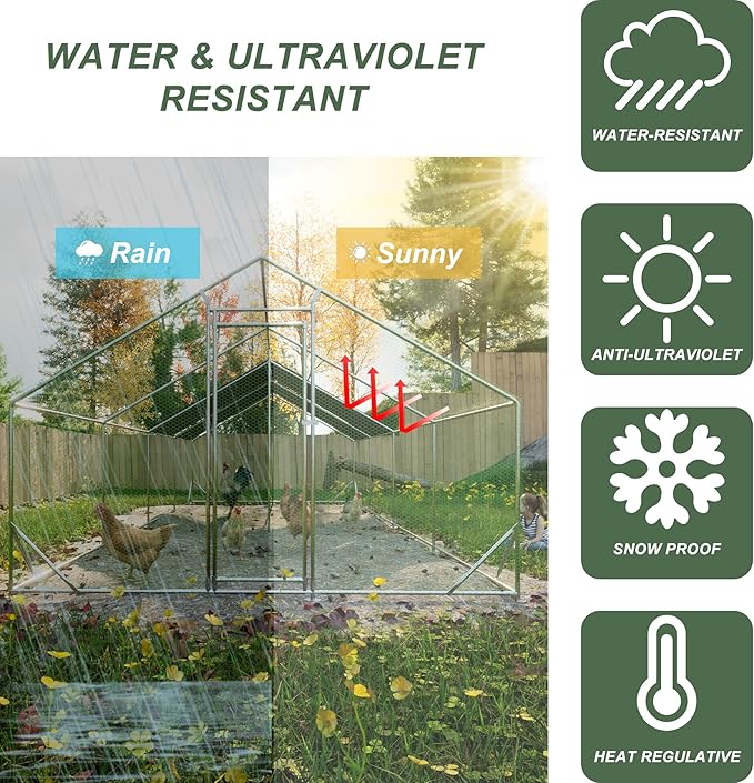 Large Chicken Coop,Metal Chicken Run for Yard with Door,Outdoor Galvanized Wire Poultry Chicken House with Waterproof and Anti-UV Cover,Duck Rabbit Cage (10' L x 26' W x 6.56' H)