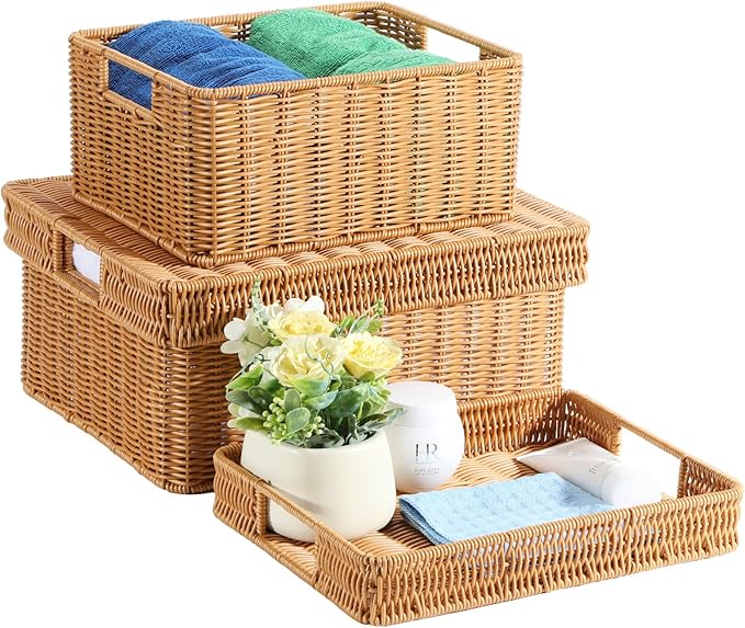 Wicker Storage Basket with Lid - Woven Storage Basket for Organizing,Rectangular Decorative Boxes Bins with Lids for Shelves,living room, Nursery, 2-Piece Set(Light Brown)