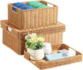 Wicker Storage Basket with Lid - Woven Storage Basket for Organizing,Rectangular Decorative Boxes Bins with Lids for Shelves,living room, Nursery, 2-Piece Set(Light Brown)