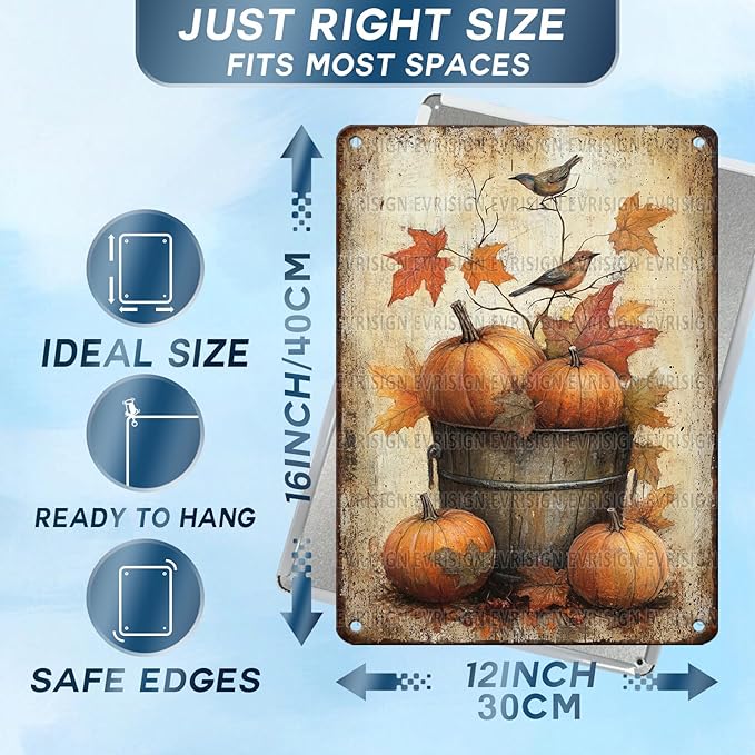 Autumn Harvest Metal Sign Vintage Pumpkin Birds Tin Sign Rustic Farmhouse Wall Decor for Home Cafe and Garden Indoor Outdoor Use 12x16Inch